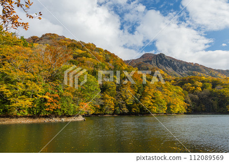 日本:神津山的大塌陷和十二湖的琴葉池的秋葉。十二湖是位於青森縣西津輕郡深浦町白神山脈西部的一組湖泊和沼澤。 日本:神津山的大塌陷和十二湖的琴葉池的秋葉。十二湖是位於青森縣西津輕郡深浦町白神山脈西部的一組湖泊和沼澤。 112089569