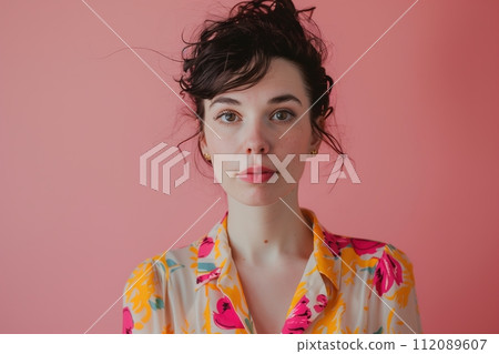 young woman dressed in colorful shirt with collected hair and red lips young woman dressed in colorful shirt with collected hair and red lips 112089607