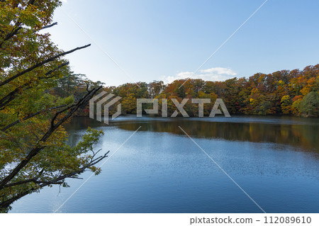 Japan: Lake Juniko Oike and autumn leaves, a group of lakes located in the western part of the Shirakami Mountains in Fukaura Town, Nishitsugaru District, Aomori Prefecture Japan: Lake Juniko Oike and autumn leaves, a group of lakes located in the western part of the Shirakami Mountains in Fukaura Town, Nishitsugaru District, Aomori Prefecture 112089610