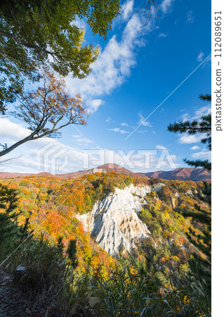Japan Canyon and autumn leaves located in the western part of the Shirakami Mountains in Fukaura Town, Nishitsugaru District, Aomori Prefecture, Japan 112089651