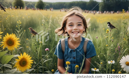 Happy children in their early teens enjoy nature, the forest and meadows and discover nature with birds and the wealth of nature in all its beauty in midsummer 112090147