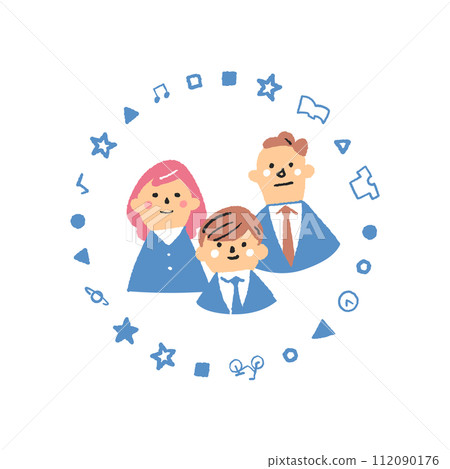 Students, women, and men wearing uniforms surrounded by a patterned circle Illustration material 112090176