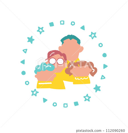 兩個孩子和他們的父母抱著彼此的肩膀,周圍環繞著幾何圖案圓圈,沒有面部表情,插圖素材 兩個孩子和他們的父母抱著彼此的肩膀,周圍環繞著幾何圖案圓圈,沒有面部表情,插圖素材 112090260