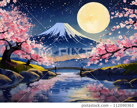 Japanese spring landscape with cherry blossoms at night, Mt. Fuji, and the full moon (generated AI) 112090363