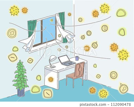 Color illustration of pollen entering a room through an open window 112090478