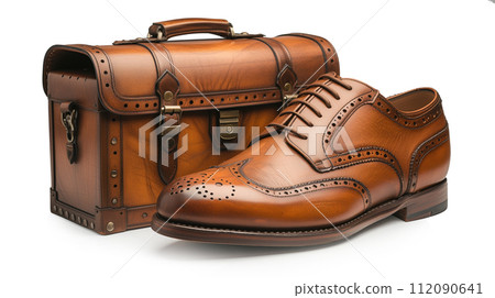 Brown leather shoes and suitcase isolated 112090641