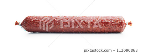 Smoked salami sausages isolated on white background. 112090868