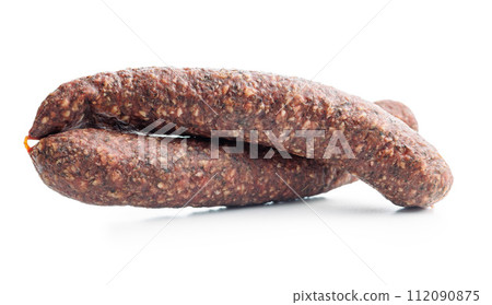 Smoked salami sausages isolated on white background. 112090875