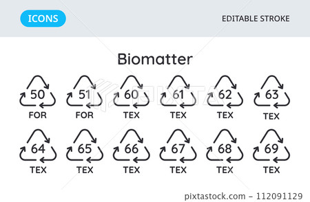Biomatter recycling codes icons. Triangular environmental symbols of materials. Set of elements on a white background. Editable stroke. 112091129
