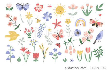 Cute set of abstract isolated spring flowers, plants, butterflies and birds. Cartoon children style, nursery drawing 112091182