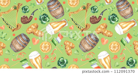 St. Patricks Day Seamless Pattern on a green background: barrel, smoke pipe, harp, clover, coin, rainbow, glass of beer, green hearts. Hand drawn watercolor illustration. For paper, textile, packaging 112091370