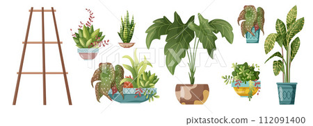 Houseplant and macrame plant growing in pots. Set of handmade home decorations macrame plants and flower rack isolated on white background. Cartoon flat illustration. Houseplant and macrame plant growing in pots. Set of handmade home decorations macrame plants and flower rack isolated on white background. Cartoon flat illustration. 112091400
