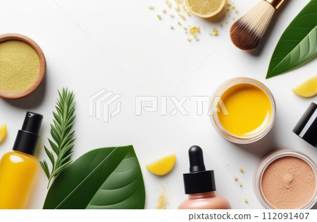 Cosmetic products, green plant leaves, candle, salt on white marble table, flat lay. Space for text. Spa, bathroom, massage and body care concept. Natural organic cosmetics. Eco friendly, bio skincare 112091407