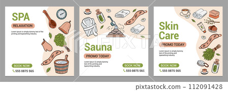 Set of layouts for spa. Sauna, steam room, spa treatments. Editable ready-made layouts for flyers, promos, banners. Set of layouts for spa. Sauna, steam room, spa treatments. Editable ready-made layouts for flyers, promos, banners. 112091428