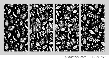 Seamless neo folk art vector patterns set with flowers, black and white floral design. Neo folk style endless background perfect for textile design. Seamless neo folk art vector patterns set with flowers, black and white floral design. Neo folk style endless background perfect for textile design. 112091478