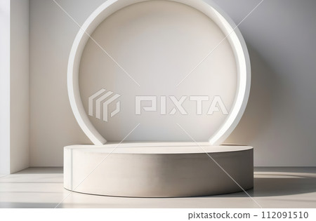 Round Podium for Cosmetic, Soap, Items Presentation. Abstract Minimal Geometric Pedestal. Cylinder One Form, Soft Shadow. Scene to Show Product, Object. Showcase, Display Case. Stand. Gray Backdrop 112091510