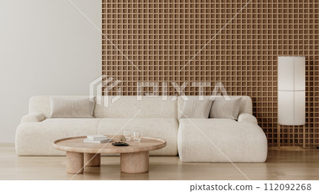 Modern living room interior with wooden wall panel, white sofa and table with decor, 3d render 112092268