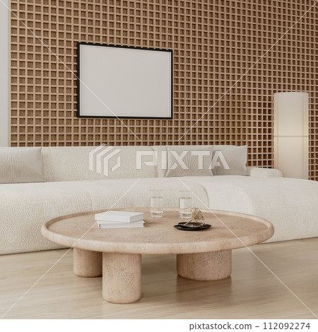 Horizontal frame mock up in modern living room interior with wooden wall panel and white sofa, 3d render 112092274