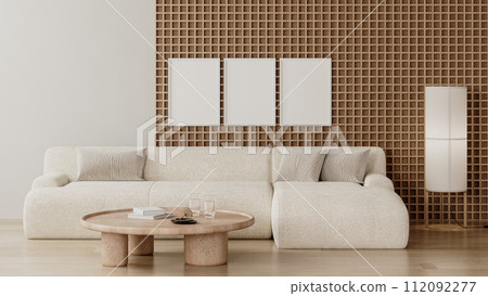 frames mock up in modern living room interior with wooden wall panel and white sofa, 3d render 112092277