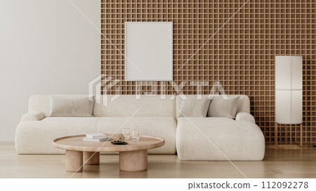 frame mock up in modern living room interior with wooden wall panel and white sofa, 3d render frame mock up in modern living room interior with wooden wall panel and white sofa, 3d render 112092278