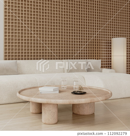 Modern living room interior with wooden wall panel, white sofa and table with decor, floor lamp, 3d render 112092279