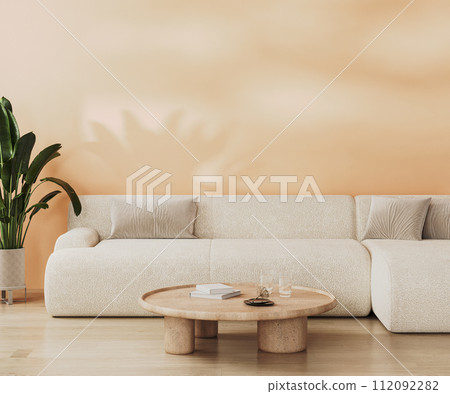 living room interior with peach fuzz wall, big white sofa with table and decor, 3d render living room interior with peach fuzz wall, big white sofa with table and decor, 3d render 112092282