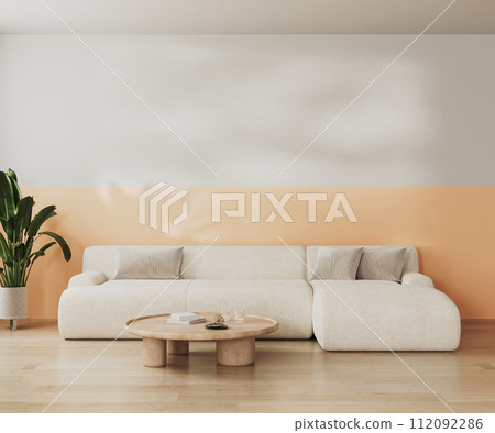 modern living room interior with white and peach fuzz wall, big white sofa with table, 3d render 112092286