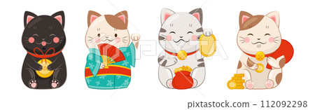 Japanese Lucky Cat with Beckoning Paw Vector Set 112092298