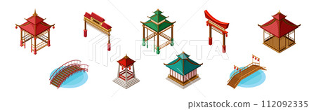 Asian Architecture with Pagoda, Gazebo, Torii Gate and Bridge Isometric Vector Set 112092335