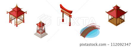 Asian Architecture with Gazebo, Bridge and Torii Gate Isometric Vector Set 112092347