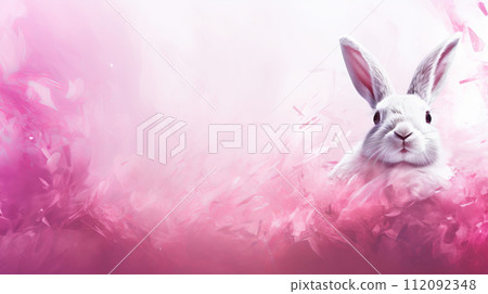 White Rabbit Peeking Through Pink Mist Generative Ai. 112092348