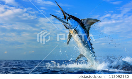 Marlin Leaping Dramatically Above Ocean 112092580