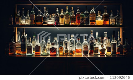 bottles of spirits and liquor on bar counter 112092646