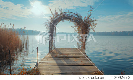 Lakeside Wooden Pier with Metal Arch Canopy Lakeside Wooden Pier with Metal Arch Canopy 112092650