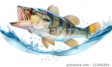 Illustration of Largemouth Bass Jumping with Water Splash 112092654