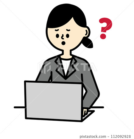 穿著西裝的女人在電腦前感到懷疑 穿著西裝的女人在電腦前感到懷疑 112092928