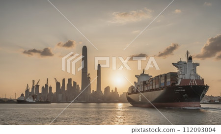 Large commercial freighter transports a wide variety of goods on oceans and sea routes around the world on long sea routes - ai generated 112093004