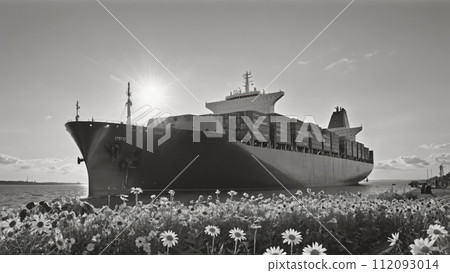 Large commercial freighter transports a wide variety of goods on oceans and sea routes around the world on long sea routes - ai generated 112093014