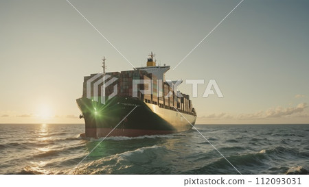 Large commercial freighter transports a wide variety of goods on oceans and sea routes around the world on long sea routes - ai generated 112093031