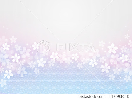 Japanese style background of cherry blossom flowers shining in the light, pink light blue 112093038