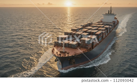 Large commercial freighter transports a wide variety of goods on oceans and sea routes around the world on long sea routes - ai generated 112093042