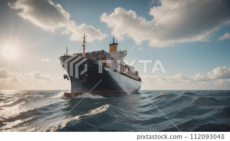 Large commercial freighter transports a wide variety of goods on oceans and sea routes around the world on long sea routes - ai generated Large commercial freighter transports a wide variety of goods on oceans and sea routes around the world on long sea routes - ai generated 112093048