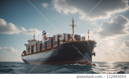 Large commercial freighter transports a wide variety of goods on oceans and sea routes around the world on long sea routes - ai generated 112093054