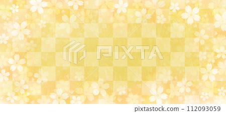 Checkered Japanese style background with cherry blossom flowers on Japanese paper texture, yellow Checkered Japanese style background with cherry blossom flowers on Japanese paper texture, yellow 112093059