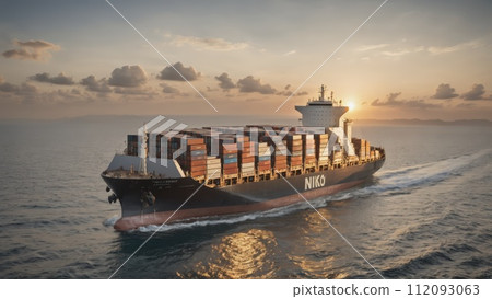 Large commercial freighter transports a wide variety of goods on oceans and sea routes around the world on long sea routes - ai generated 112093063