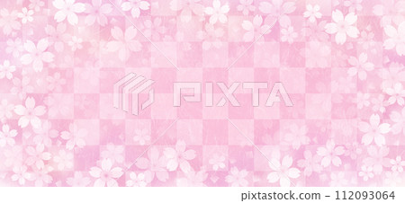 Checkered Japanese style background with cherry blossom flowers on Japanese paper texture, pink 112093064