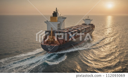 Large commercial freighter transports a wide variety of goods on oceans and sea routes around the world on long sea routes - ai generated 112093069