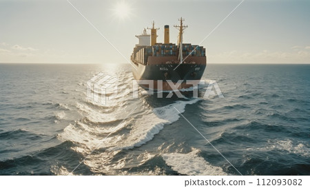 Large commercial freighter transports a wide variety of goods on oceans and sea routes around the world on long sea routes - ai generated 112093082