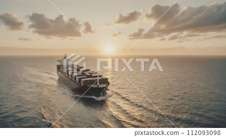 Large commercial freighter transports a wide variety of goods on oceans and sea routes around the world on long sea routes - ai generated 112093098