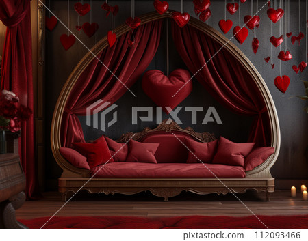 Romantic valentine's day bed with red heart shaped decor 112093466